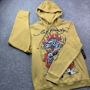 Ed‎ Hardy Men's Hoodie  Fleece Sweater Black Tiger Print Size M NWT Weird Spot